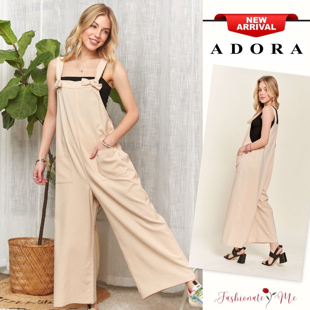 ADORA Knotted Wide Strap Front Pockets Relaxed Fit Wide Leg Overalls | Tan